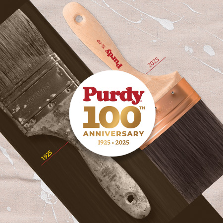 old Purdy brush next to new Purdy brush and Purdy 100th Anniversary button